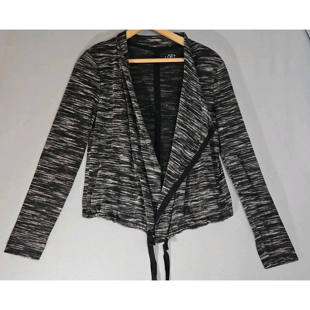Ann Taylor Open Front Cardigan Black White Striped Long Sleeve Tie Waist Small